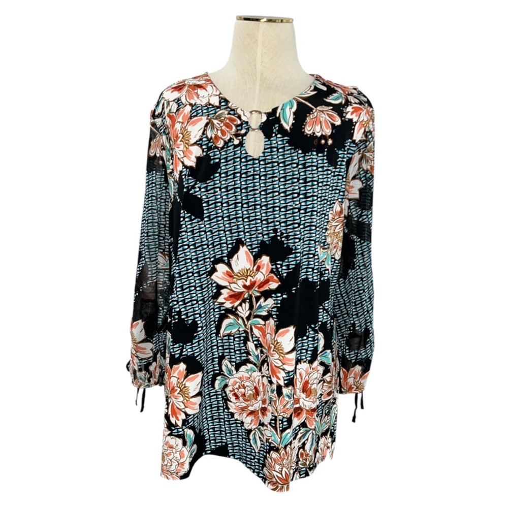 JM Collection Blue Black Floral Keyhole Neck Embellished Blouse Top Size P/XL